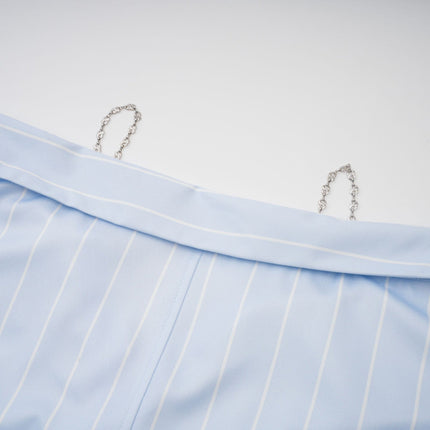 Rachel Blue Stripe Off-Shoulder Blouse Three-Quarter Sleeves Asymmetric Hem Front Button Fastening