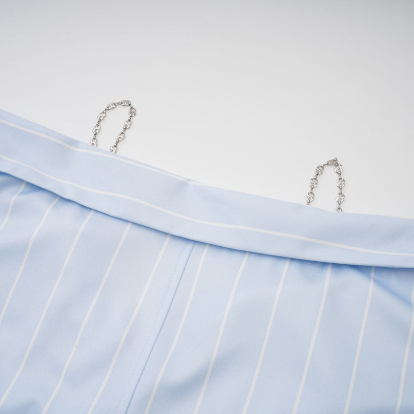 Rachel Blue Stripe Off-Shoulder Blouse Three-Quarter Sleeves Asymmetric Hem Front Button Fastening