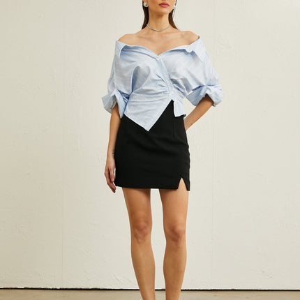 Rachel Blue Striped Off-Shoulder Blouse with Three-Quarter Sleeves and Asymmetric Hem