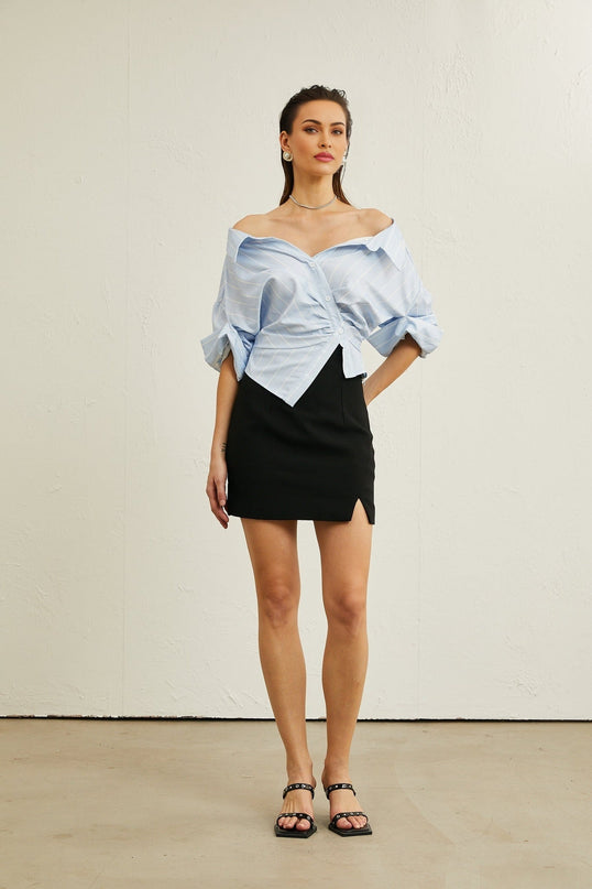 Rachel Blue Striped Off-Shoulder Blouse with Three-Quarter Sleeves and Asymmetric Hem