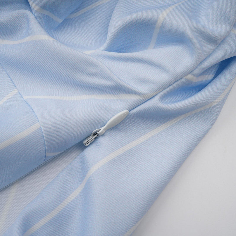 Rachel Blue Striped Off-Shoulder Blouse with Three-Quarter Sleeves and Asymmetric Hem