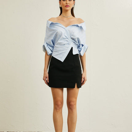 Rachel Blue Striped Off-Shoulder Blouse with Three-Quarter Sleeves
