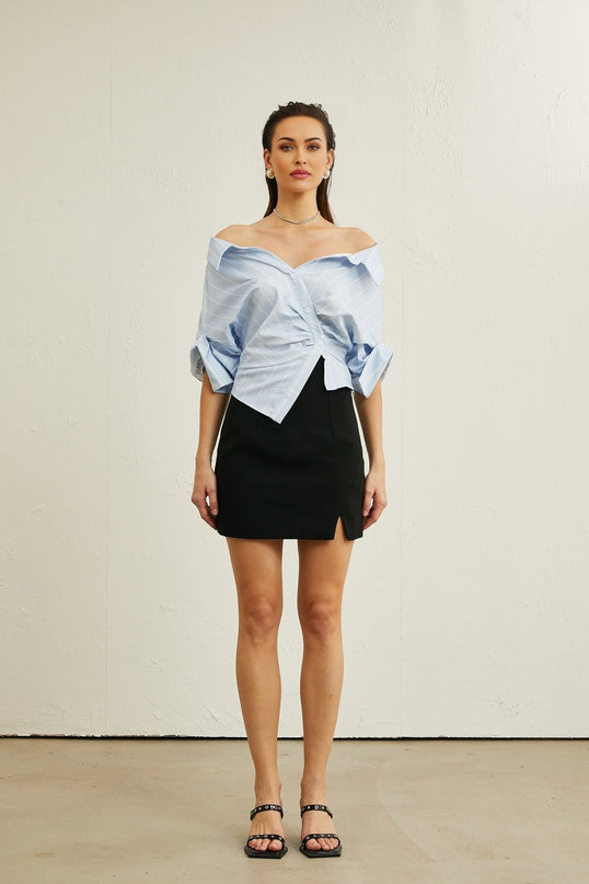 Rachel Blue Striped Off-Shoulder Blouse with Three-Quarter Sleeves
