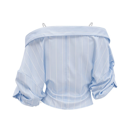 Rachel Blue Striped Off-Shoulder Blouse with Three-Quarter Sleeves and Asymmetric Hem