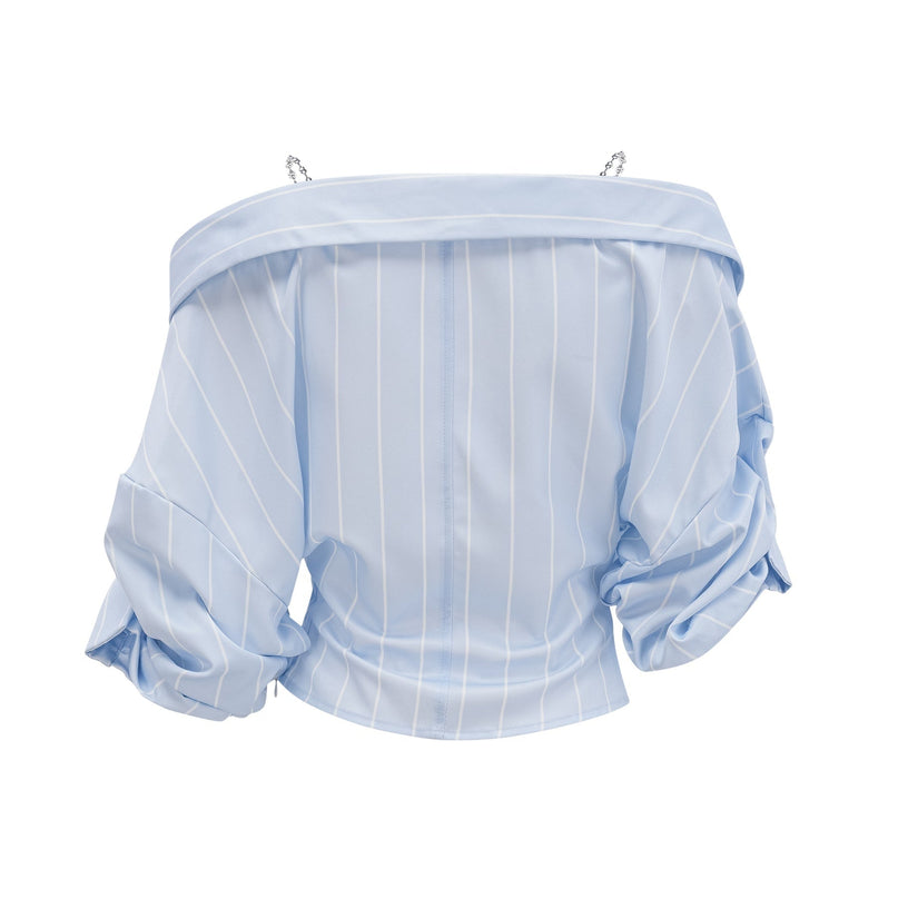Rachel Blue Striped Off-Shoulder Blouse with Three-Quarter Sleeves and Asymmetric Hem
