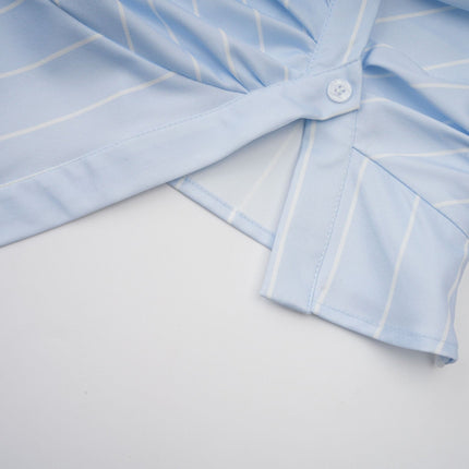 Rachel Blue Striped Off-Shoulder Blouse 3/4 Sleeves Asymmetric Hem Button Fastening