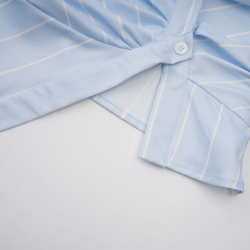 Rachel Blue Striped Off-Shoulder Blouse 3/4 Sleeves Asymmetric Hem Button Fastening