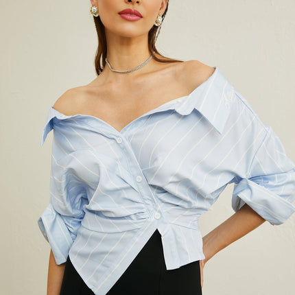 Rachel Blue Striped Off-Shoulder Blouse 3/4 Sleeve Button Front Crop Top