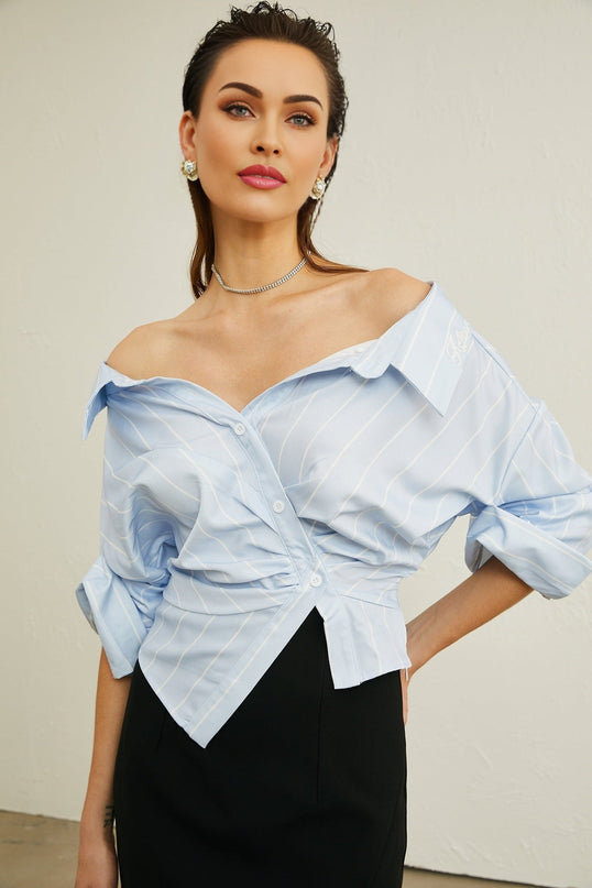 Rachel Blue Striped Off-Shoulder Blouse 3/4 Sleeve Button Front Crop Top