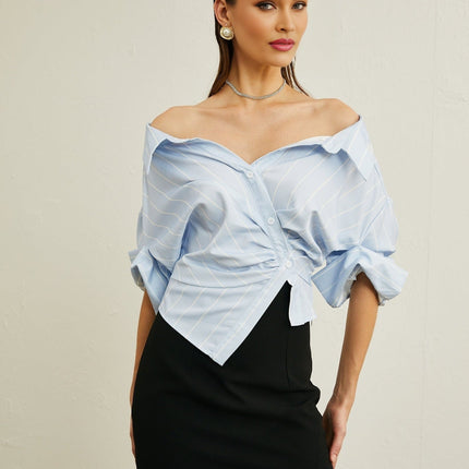 Rachel Blue Striped Off-Shoulder Blouse with Three-Quarter Sleeves