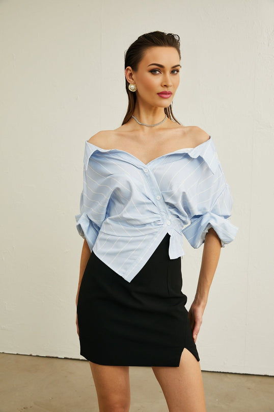 Rachel Blue Striped Off-Shoulder Blouse with Three-Quarter Sleeves