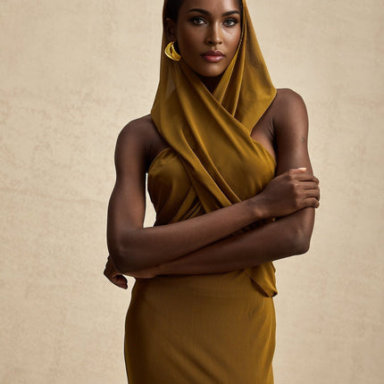 Rachel Maxi Dress in Olive Green Terylene Fiber Backless Design Hooded Chic Elegance Sophistication Allure Evening Soirées Upscale Events Floor-Length Semi-Sheer Rear Zip Fastening Sensuality Modern Twist