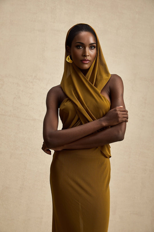 Rachel Maxi Dress in Olive Green Terylene Fiber Backless Design Hooded Chic Elegance Sophistication Allure Evening Soirées Upscale Events Floor-Length Semi-Sheer Rear Zip Fastening Sensuality Modern Twist