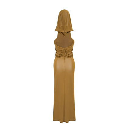Rachel Maxi Dress in Olive Green Terylene Fiber Backless Design Hooded Chic Elegant Evening Gown