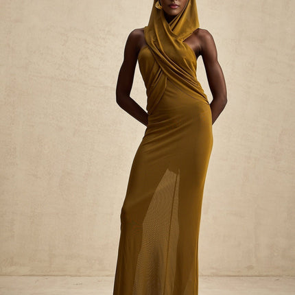 Rachel Maxi Dress in Olive Green Terylene Fiber with Crossover Neck and Backless Design