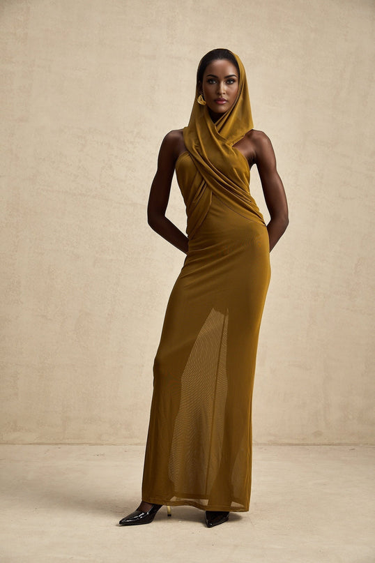 Rachel Maxi Dress in Olive Green Terylene Fiber with Crossover Neck and Backless Design