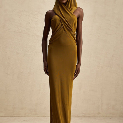 Rachel Maxi Dress in Olive Green Terylene Fiber Crossover Neck Backless Design Hooded Semi-Sheer Rear Zip Fastening Floor-Length Elegant Sophisticated Allure
