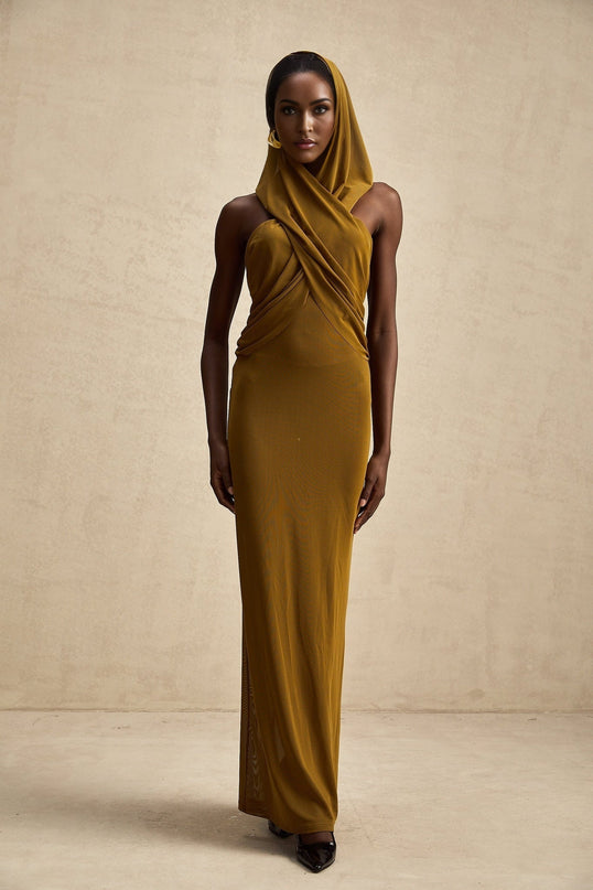 Rachel Maxi Dress in Olive Green Terylene Fiber Crossover Neck Backless Design Hooded Semi-Sheer Rear Zip Fastening Floor-Length Elegant Sophisticated Allure