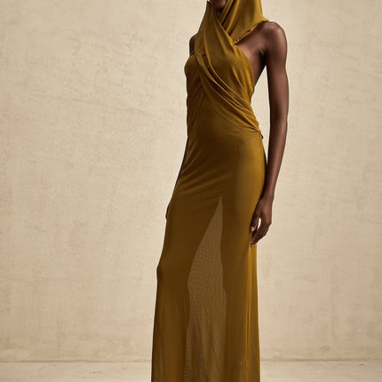 Rachel Maxi Dress in Olive Green Terylene Fiber Crossover Neck Backless Design Hood Rear Zip Fastening Semi-Sheer Floor-Length Elegant Sophisticated Chic Modern Sensual Luxurious Graceful Stylish Evening Soirées Events Women's Fashion