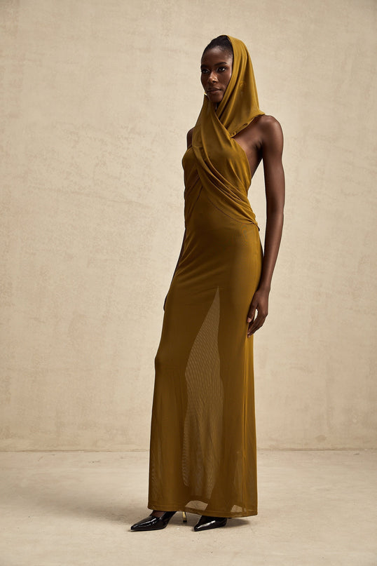 Rachel Maxi Dress in Olive Green Terylene Fiber Crossover Neck Backless Design Hood Rear Zip Fastening Semi-Sheer Floor-Length Elegant Sophisticated Chic Modern Sensual Luxurious Graceful Stylish Evening Soirées Events Women's Fashion