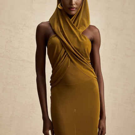 Rachel Maxi Dress in Olive Green with Crossover Neck and Backless Design