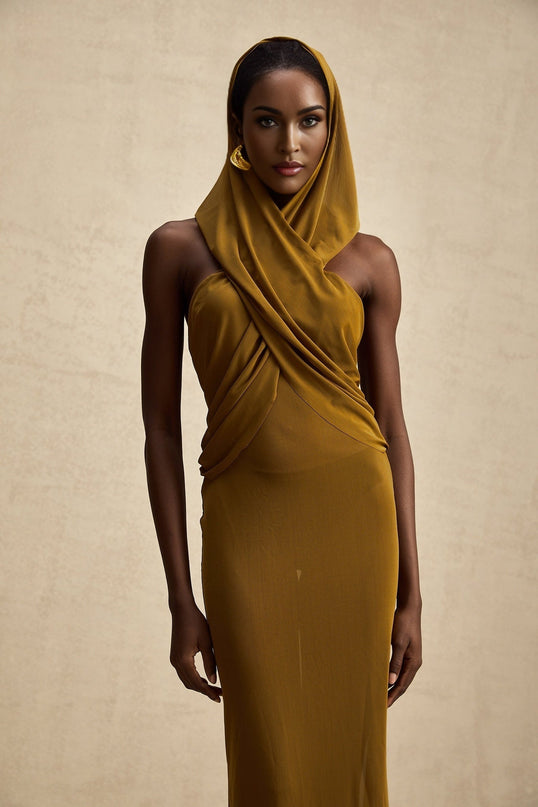 Rachel Maxi Dress in Olive Green with Crossover Neck and Backless Design