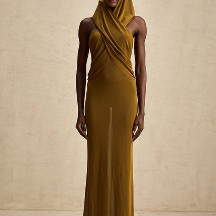 Rachel Maxi Dress Olive Green Backless Hooded Evening Gown Terylene Fiber Elegant Sophisticated Chic Sensual