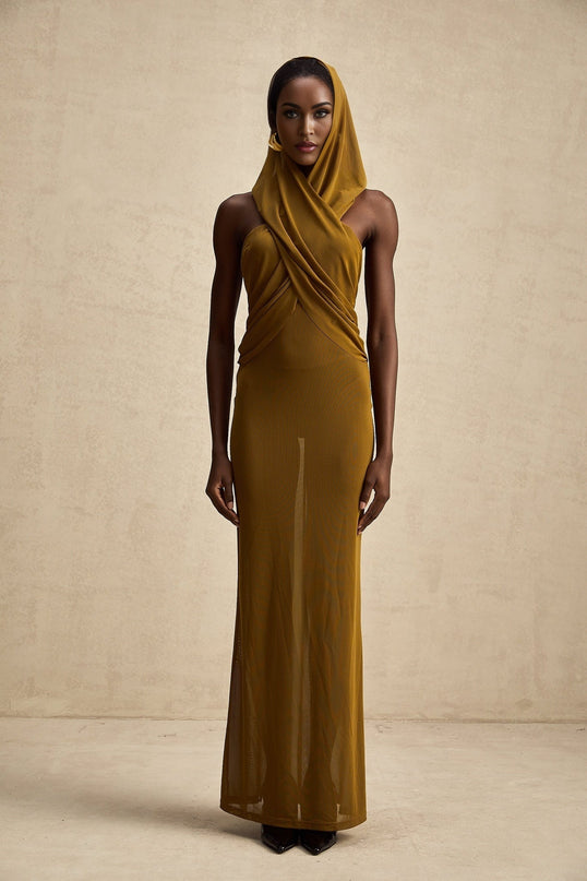 Rachel Maxi Dress Olive Green Backless Hooded Evening Gown Terylene Fiber Elegant Sophisticated Chic Sensual