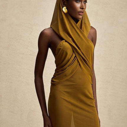 Rachel Maxi Dress Olive Green Elegant Sophisticated Backless Hooded Terylene Fiber Evening Soirées