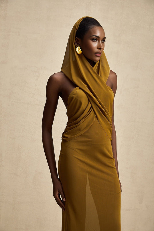 Rachel Maxi Dress Olive Green Elegant Sophisticated Backless Hooded Terylene Fiber Evening Soirées
