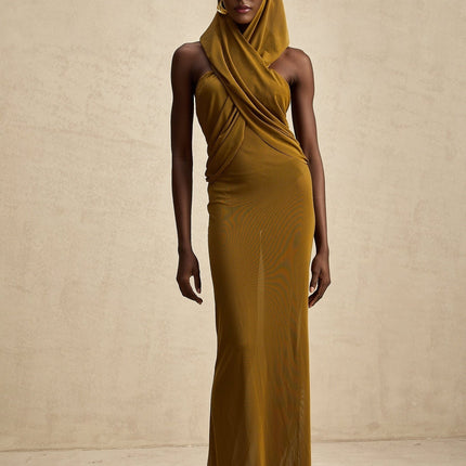 Rachel Maxi Dress Olive Green Elegant Crossover Neck Backless Chic Hood