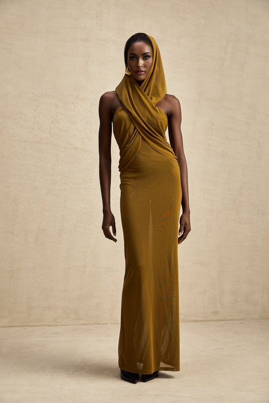 Rachel Maxi Dress Olive Green Elegant Crossover Neck Backless Chic Hood
