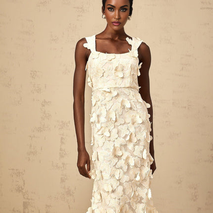 Rachel Midi Dress in Neutrals with Butterfly Appliqué and Flared Hem