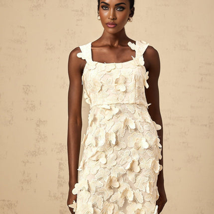 Rachel Midi Dress in Neutrals with Butterfly Appliqué and Flared Hem