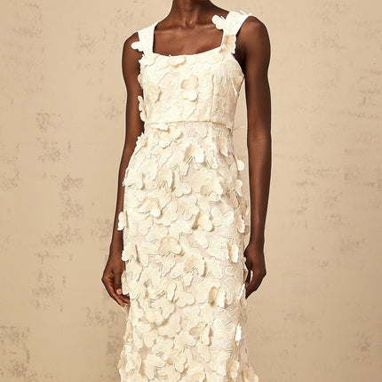 Rachel Midi Dress in Neutrals with Butterfly Appliqué and Square Neck