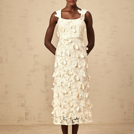 Rachel Midi Dress in Neutrals with Butterfly Appliqué and Square Neck