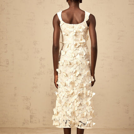 Rachel Midi Dress in Neutrals Butterfly Appliqué Flared Hem Square Neck Wide Straps Cinched Waist Calf-Length Sleeveless Rear Zip Fastening 100% Terylene Fiber