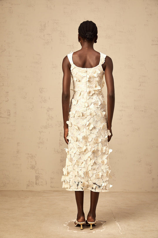 Rachel Midi Dress in Neutrals Butterfly Appliqué Flared Hem Square Neck Wide Straps Cinched Waist Calf-Length Sleeveless Rear Zip Fastening 100% Terylene Fiber