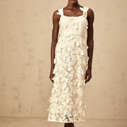 Rachel Midi Dress in Neutrals with Butterfly Appliqué and Flared Hem