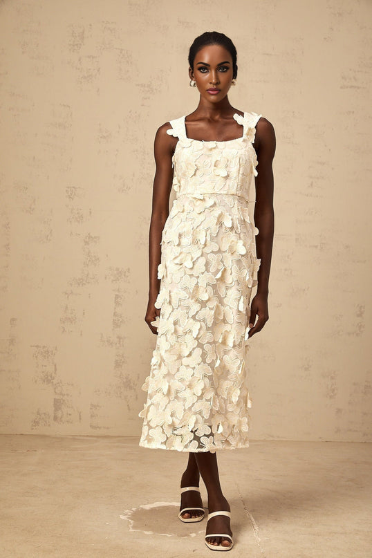 Rachel Midi Dress in Neutrals with Butterfly Appliqué and Flared Hem