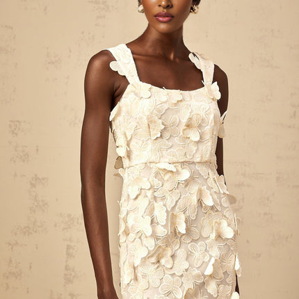 Rachel Midi Dress in Neutrals with Butterfly Appliqué and Flared Hem