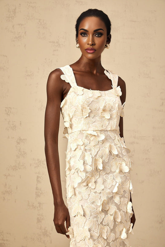 Rachel Midi Dress in Neutrals with Butterfly Appliqué and Flared Hem