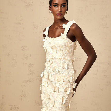 Rachel Midi Dress in Neutrals with Butterfly Appliqué and Square Neck