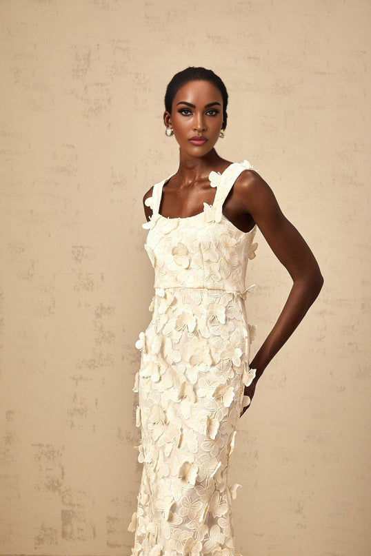 Rachel Midi Dress in Neutrals with Butterfly Appliqué and Square Neck