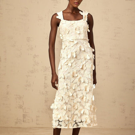 Rachel Neutrals Butterfly Applique Flared Hem Square Neck Midi Dress