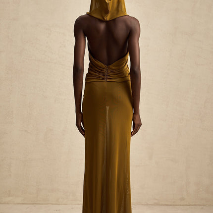 Rachel Olive Green Maxi Dress with Crossover Neck and Backless Design