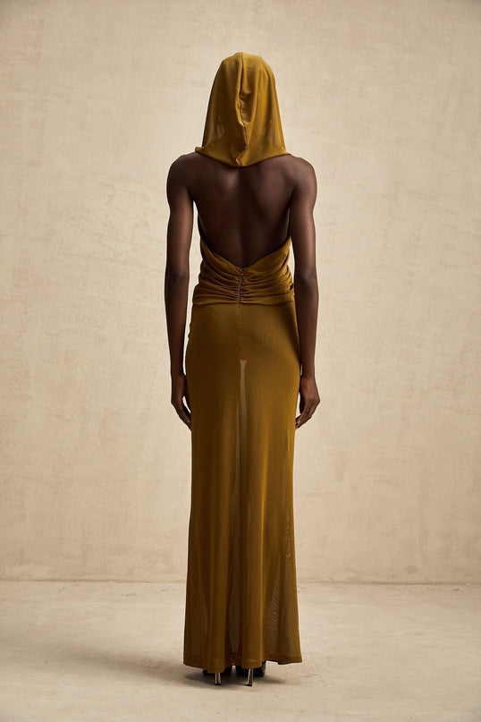 Rachel Olive Green Maxi Dress with Crossover Neck and Backless Design