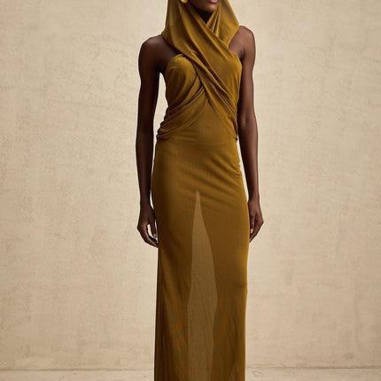 Rachel Olive Green Maxi Dress with Crossover Neck and Backless Design