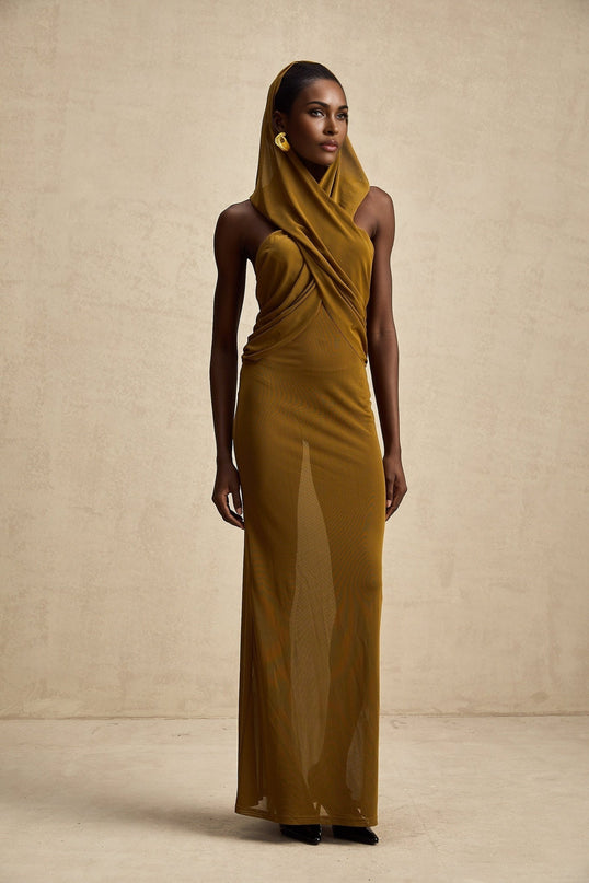 Rachel Olive Green Maxi Dress with Crossover Neck and Backless Design