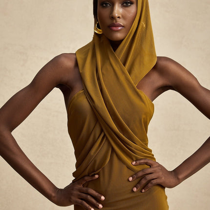 Rachel Olive Green Maxi Dress with Crossover Neck and Backless Design